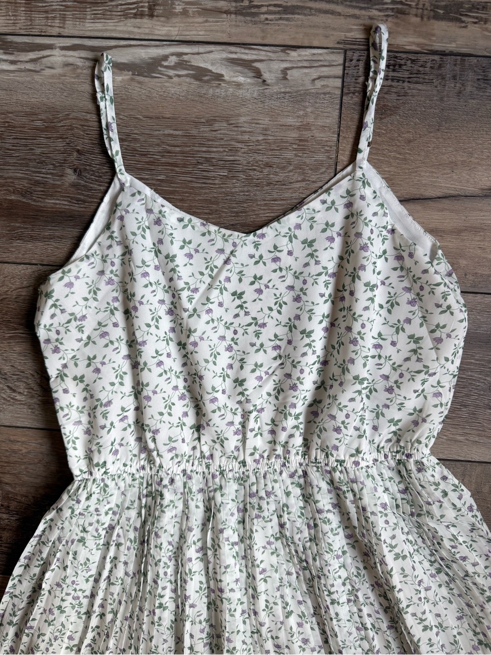 Hayden Cream Floral Pleated Sundress with Green and Purple Accents - Picture 5 of 7